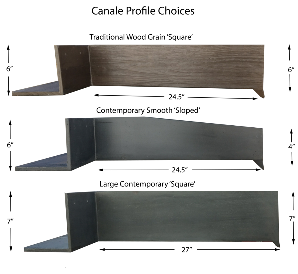 Canales (Roof Scupper) Profiles Fiberspan Concrete Canales Style Choices​, Traditional Wood Grain (Square), Contemporary Smooth (Sloped), Large Contemporary (Square)