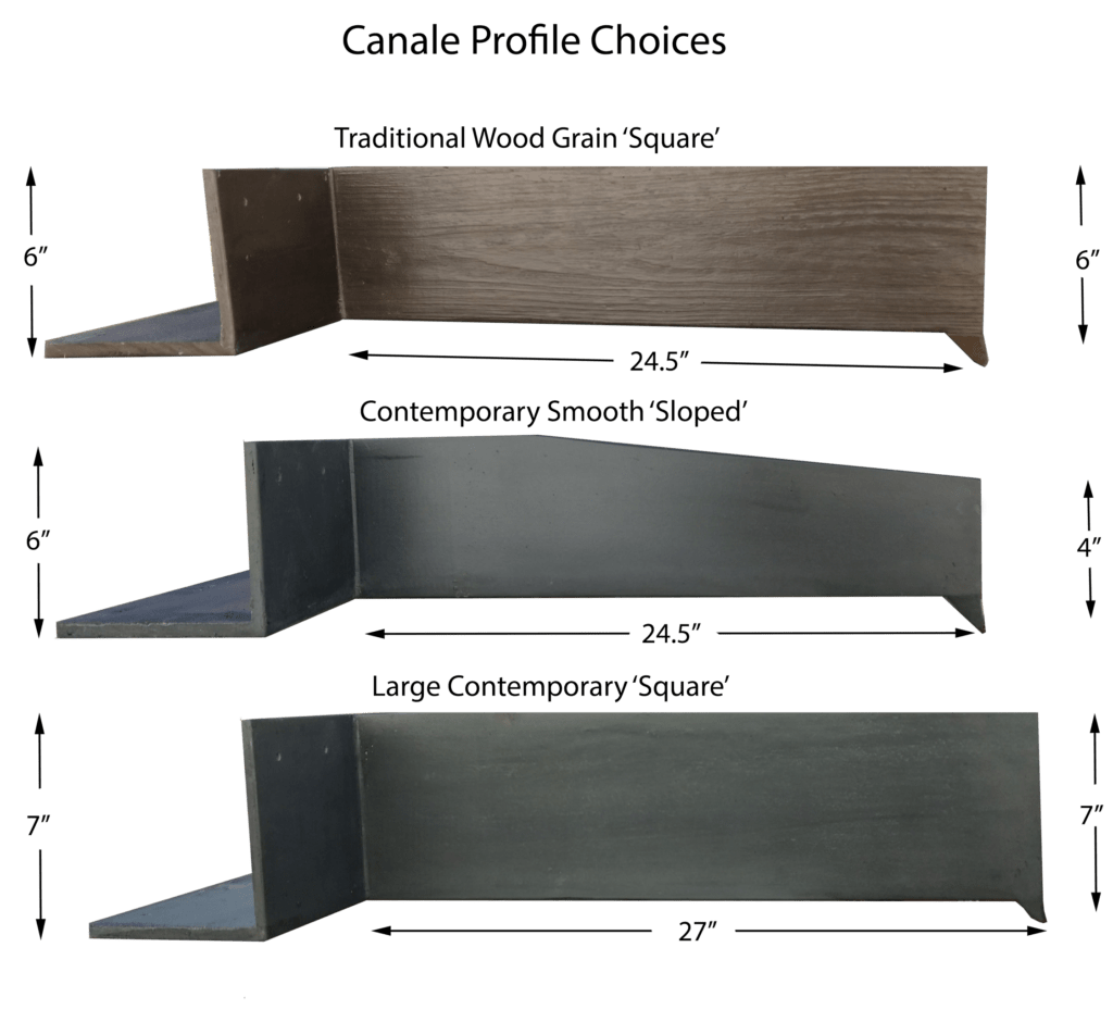 Canales (Roof Scupper) Profiles Fiberspan Concrete Canales Style Choices​, Traditional Wood Grain (Square), Contemporary Smooth (Sloped), Large Contemporary (Square)